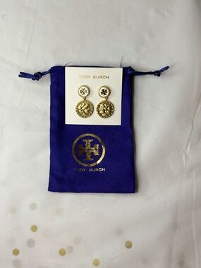 Tory Burch Gold Medallion Drop Logo Earrings with Navy Pouch